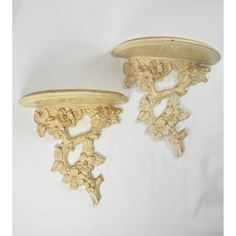 Vintage Pair Carved Wood Floral Wall Shelves Cream Distressed Hanging Display